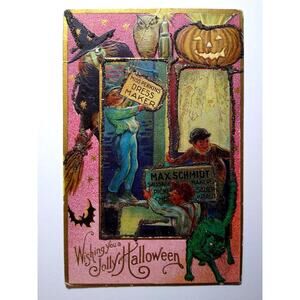 Halloween Postcard Green Cat Miss Perkins Dress Maker Sign Max Schmidt Series 4